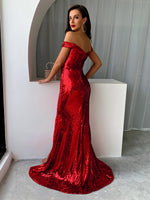 Joyfunear Off Shoulder Slit Mermaid Hem Sequin Prom Dress