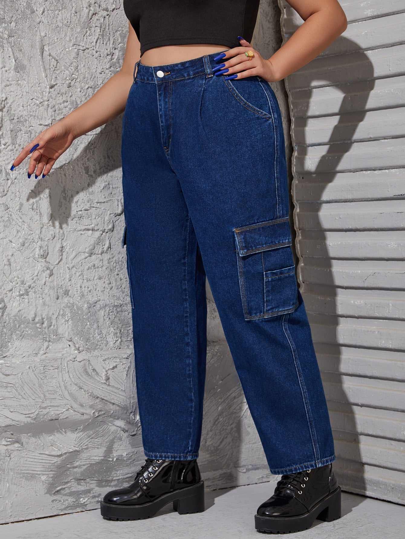Plus High Waist Patched Detail Flap Pocket Jeans