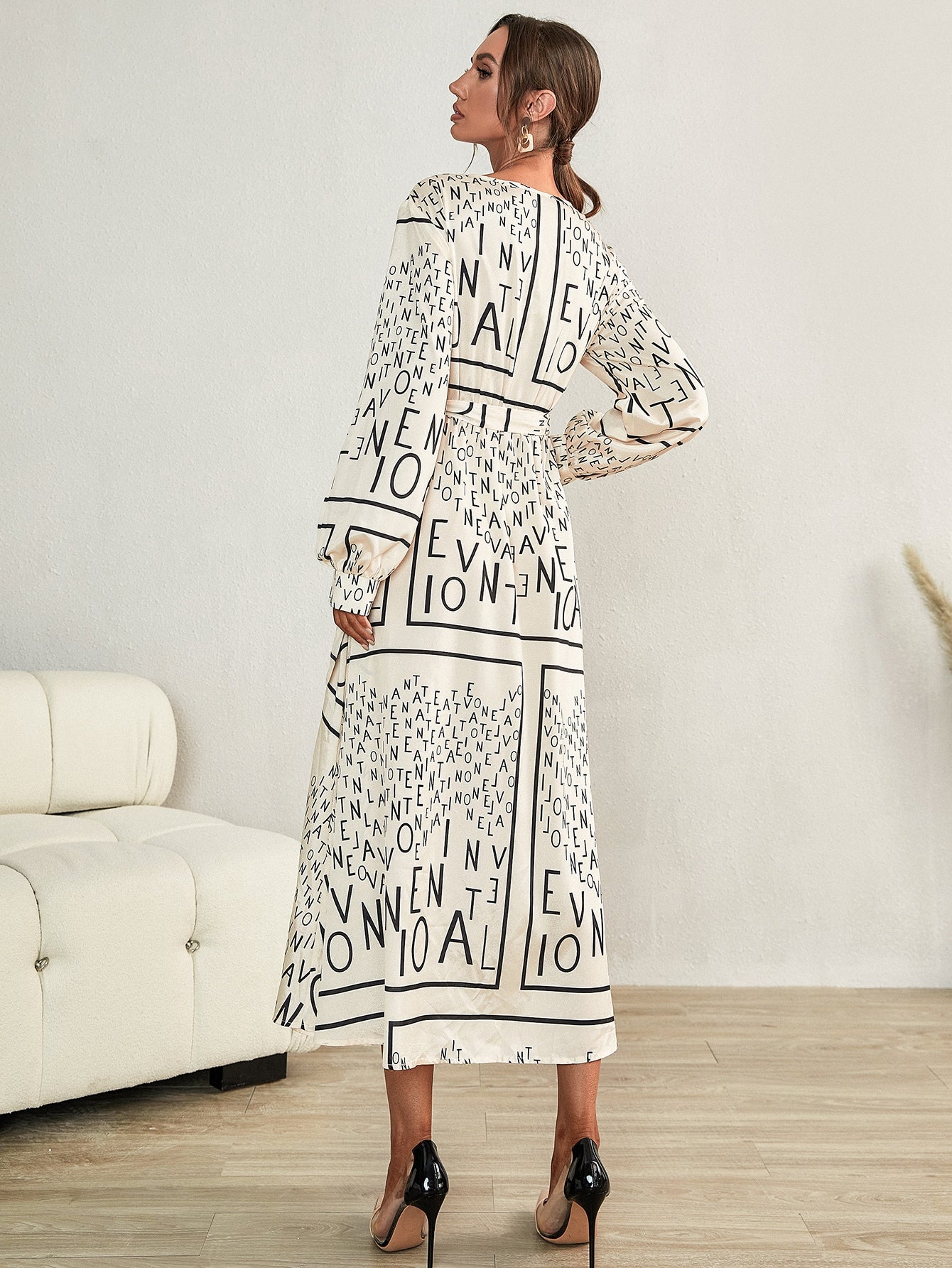 Letter Scarf Print Knot Side Lantern Sleeve Dress