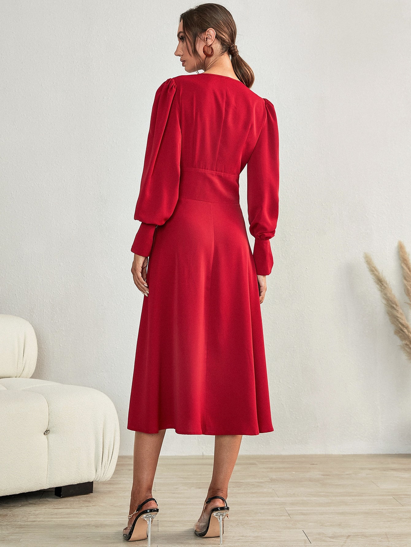 Lantern Sleeve Button Front Dress