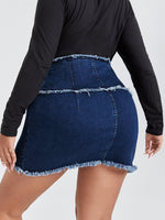 Plus High Waist Raw Trim Grommet Lace Up Denim Skirt