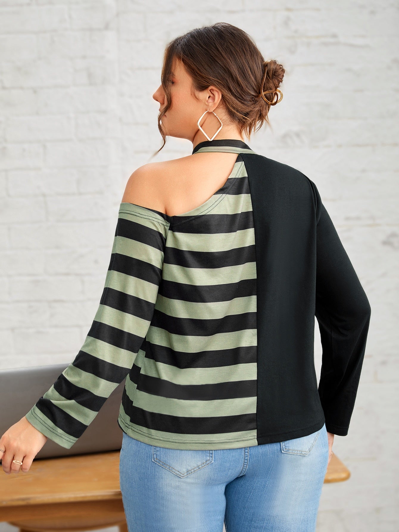 Plus Block Striped Asymmetrical Neck Tee