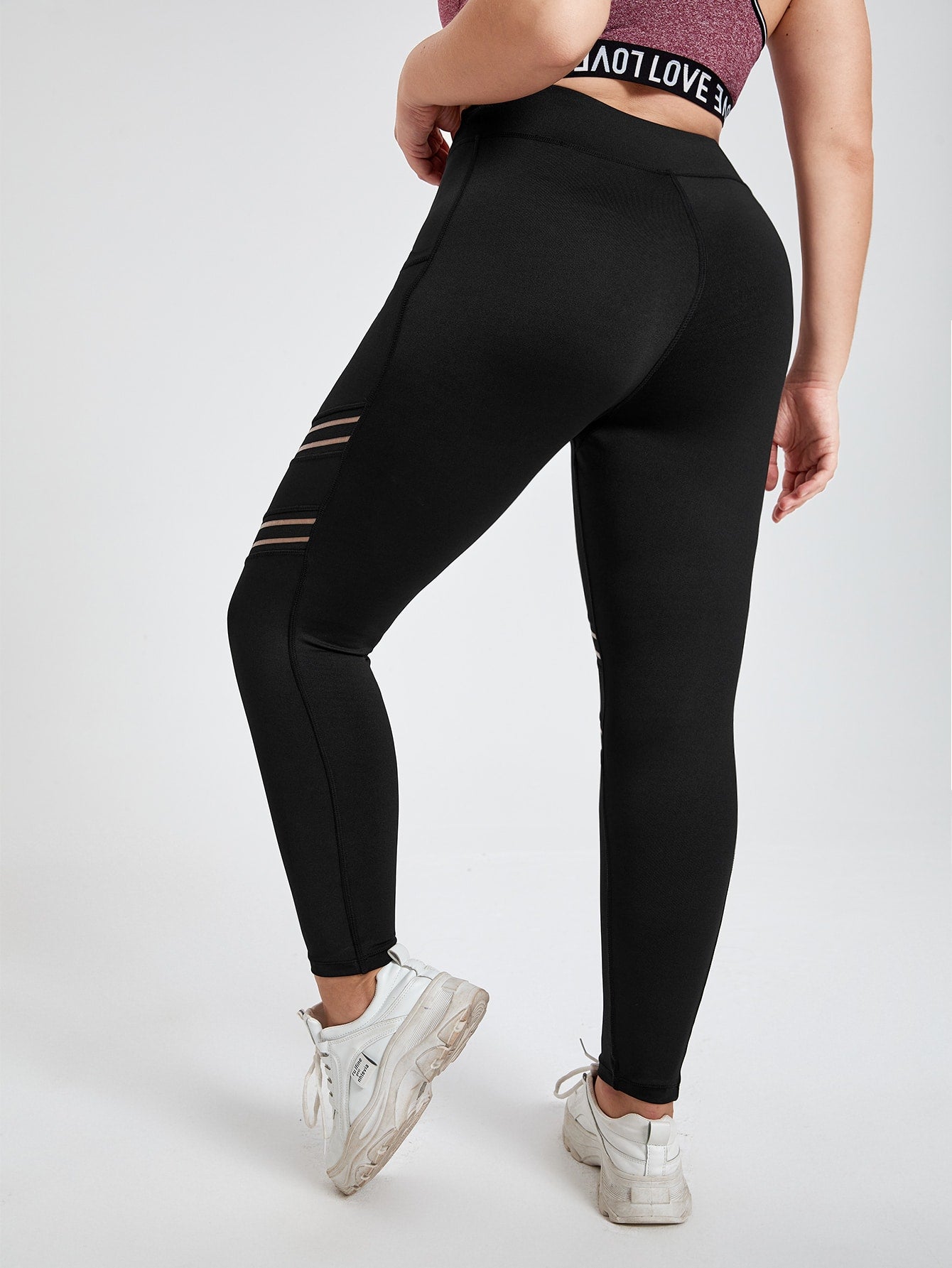 Plus Four-Way Stretch Mesh Insert Sports Leggings With Phone Pocket