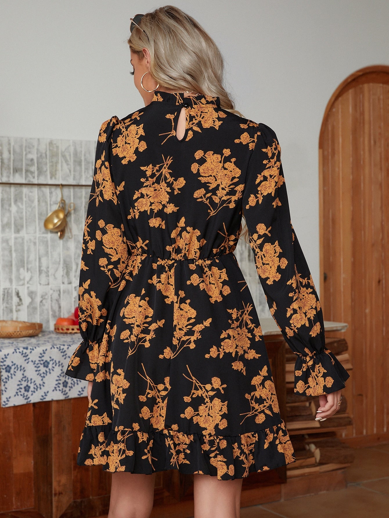 Allover Floral Print Flounce Sleeve Ruffle Hem Dress
