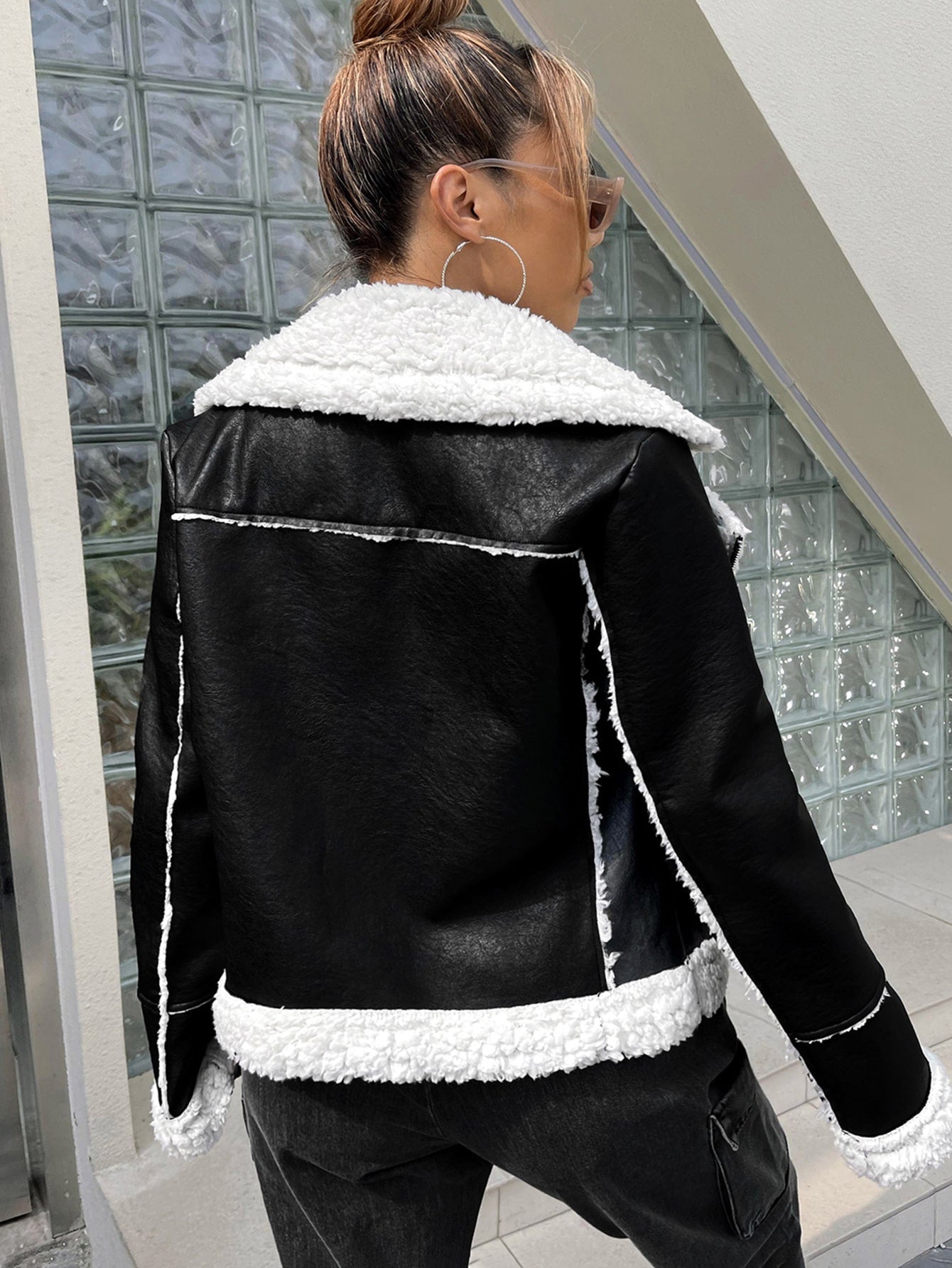 Teddy Panel Zip Up PU Leather Moto Jacket