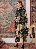 Plus Floral And Scarf Print Open Front Coat & Pants