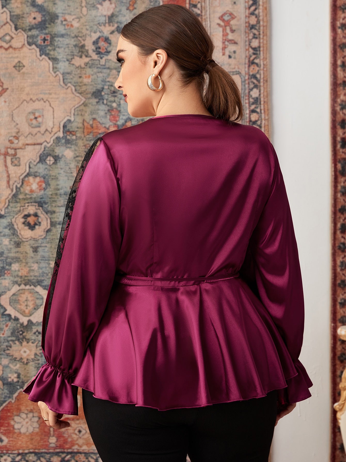 Plus Knot Side Flounce Sleeve Peplum Satin Blouse