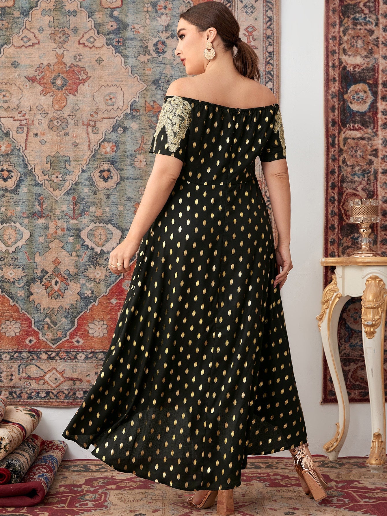 Plus Golden Dot Print Embroidered Applique Off Shoulder High Low Prom Dress