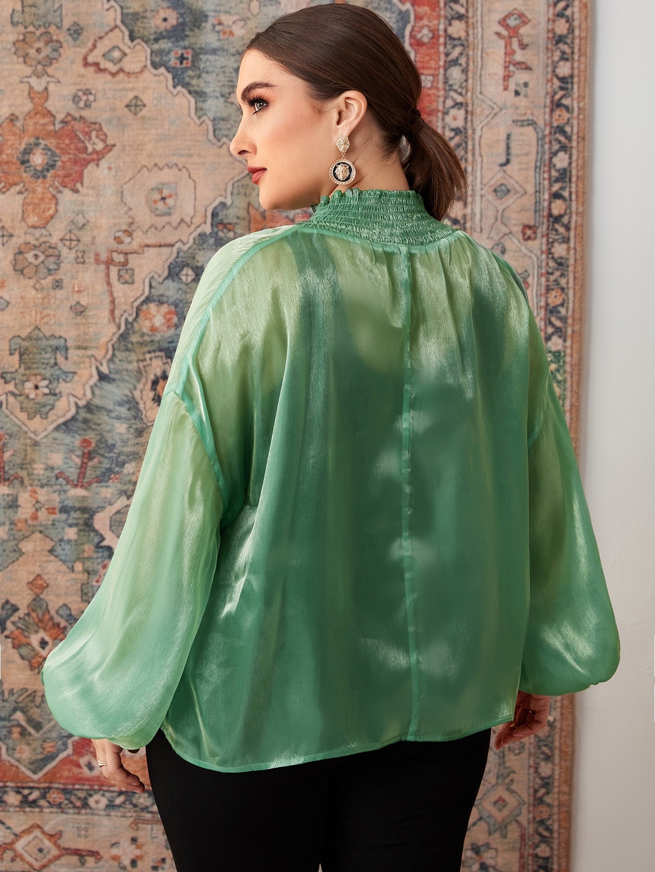 Plus Knot Front Lantern Sleeve Shirred Mesh Blouse