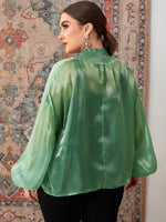Plus Knot Front Lantern Sleeve Shirred Mesh Blouse