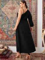 Plus Asymmetrical Neck O-ring Side Gathered Sleeve Dress