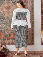 Plus Houndstooth Gigot Sleeve Peplum Hem Top & Slit Pencil Skirt