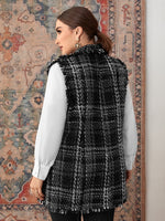 Plus Plaid Pattern Raw Trim Double Breasted Tweed Overcoat Without Top