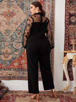 Plus Embroidered Mesh Yoke Tie Neck Jumpsuit
