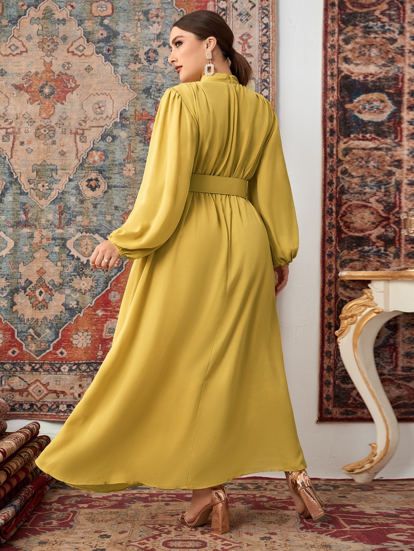 Plus Mock Neck Lantern Sleeve Belted Dress