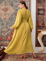 Plus Mock Neck Lantern Sleeve Belted Dress