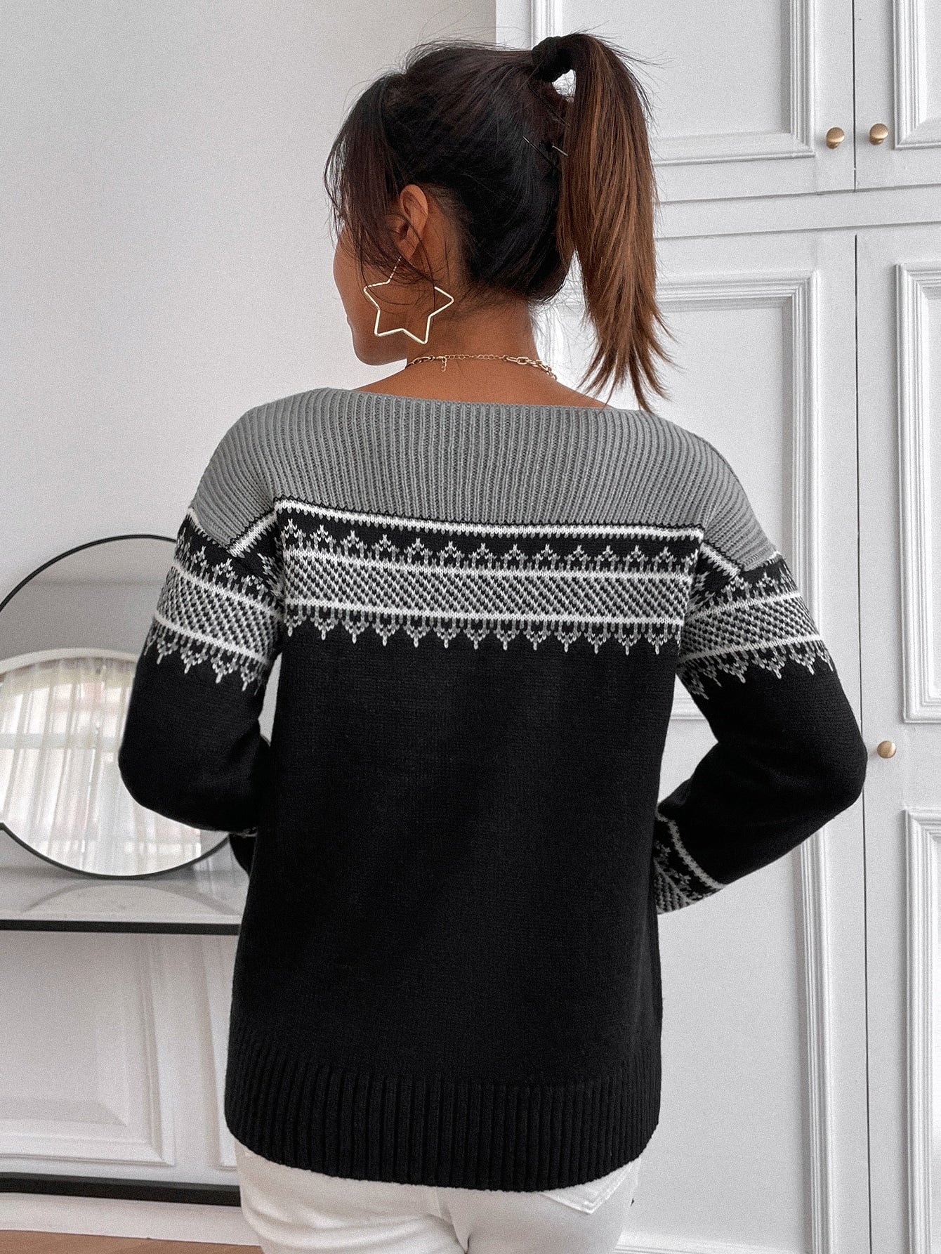 Striped & Geo Pattern Color Block Drop Shoulder Sweater