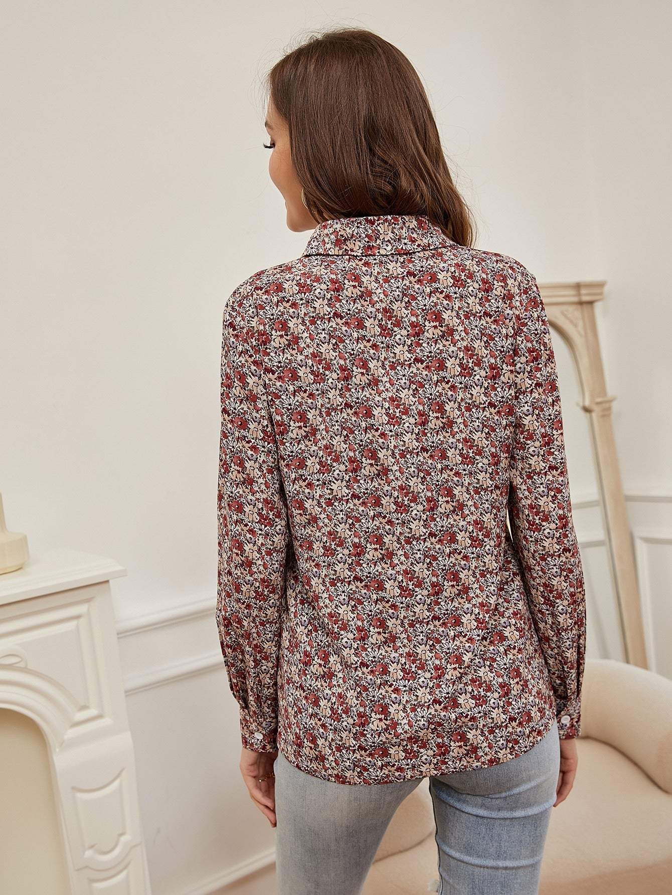 Floral Print Ruffle Trim Blouse