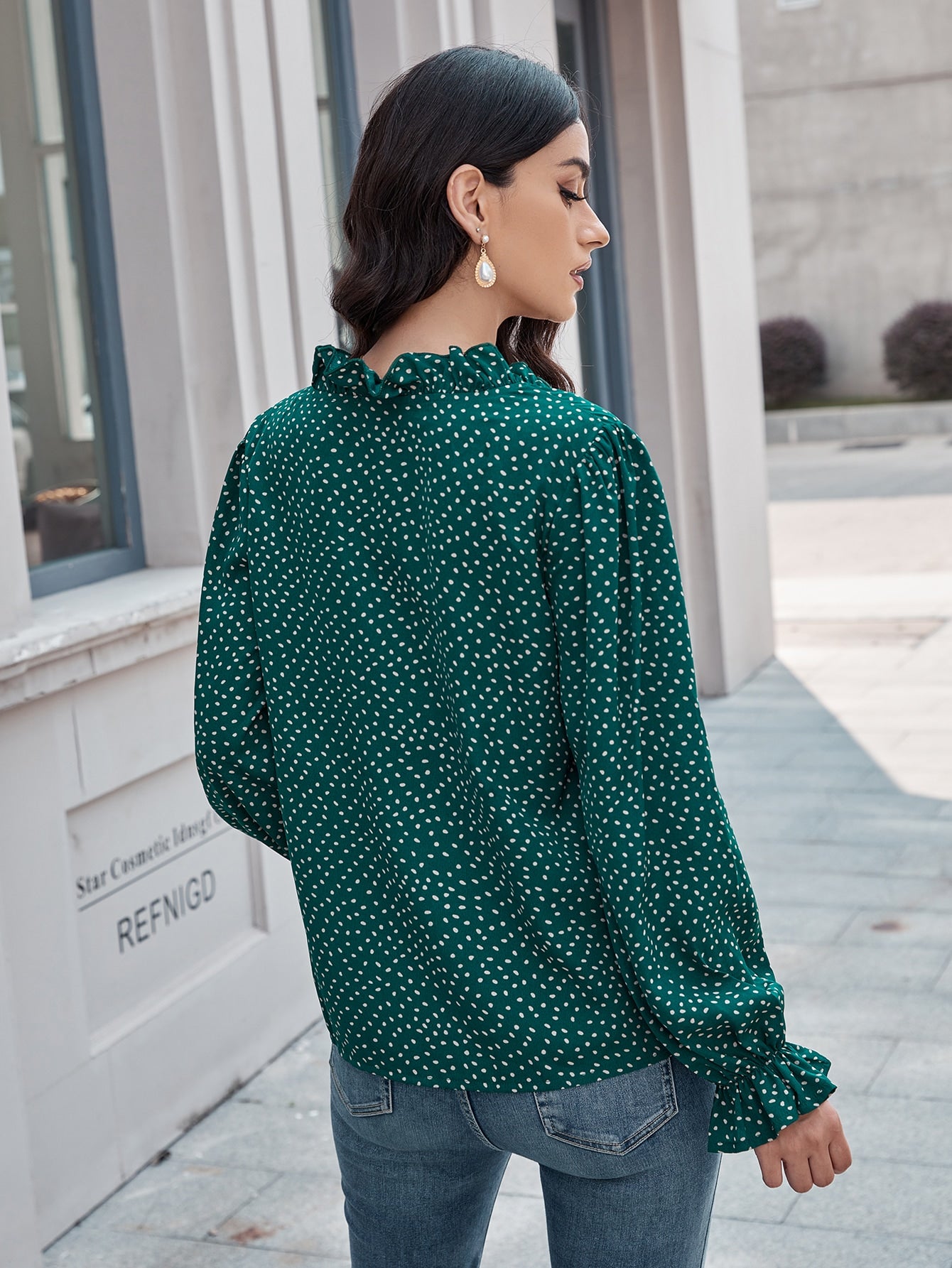 Allover Print Frill Trim Flounce Sleeve Blouse