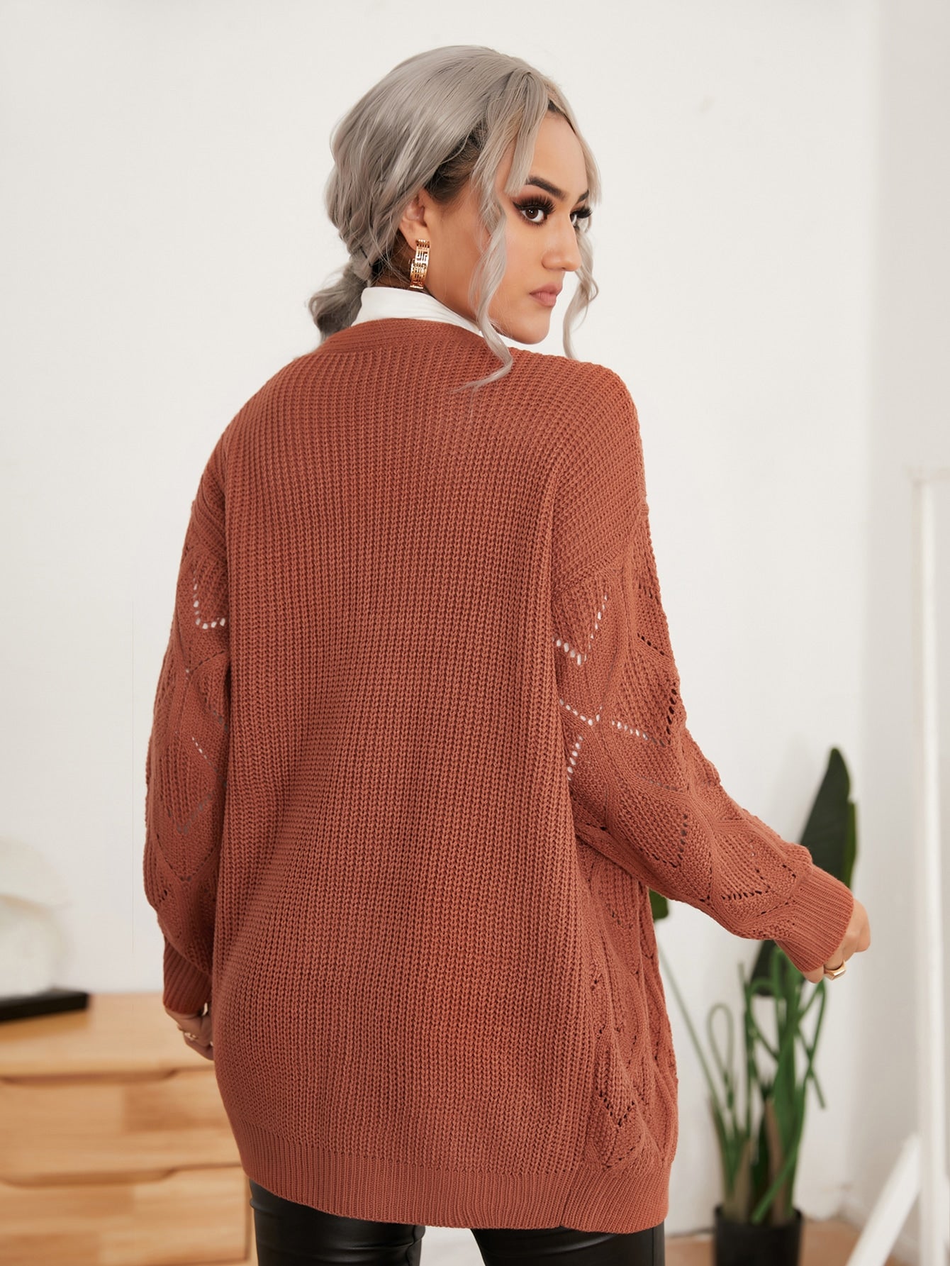 Pointelle Knit Drop Shoulder Open Front Cardigan