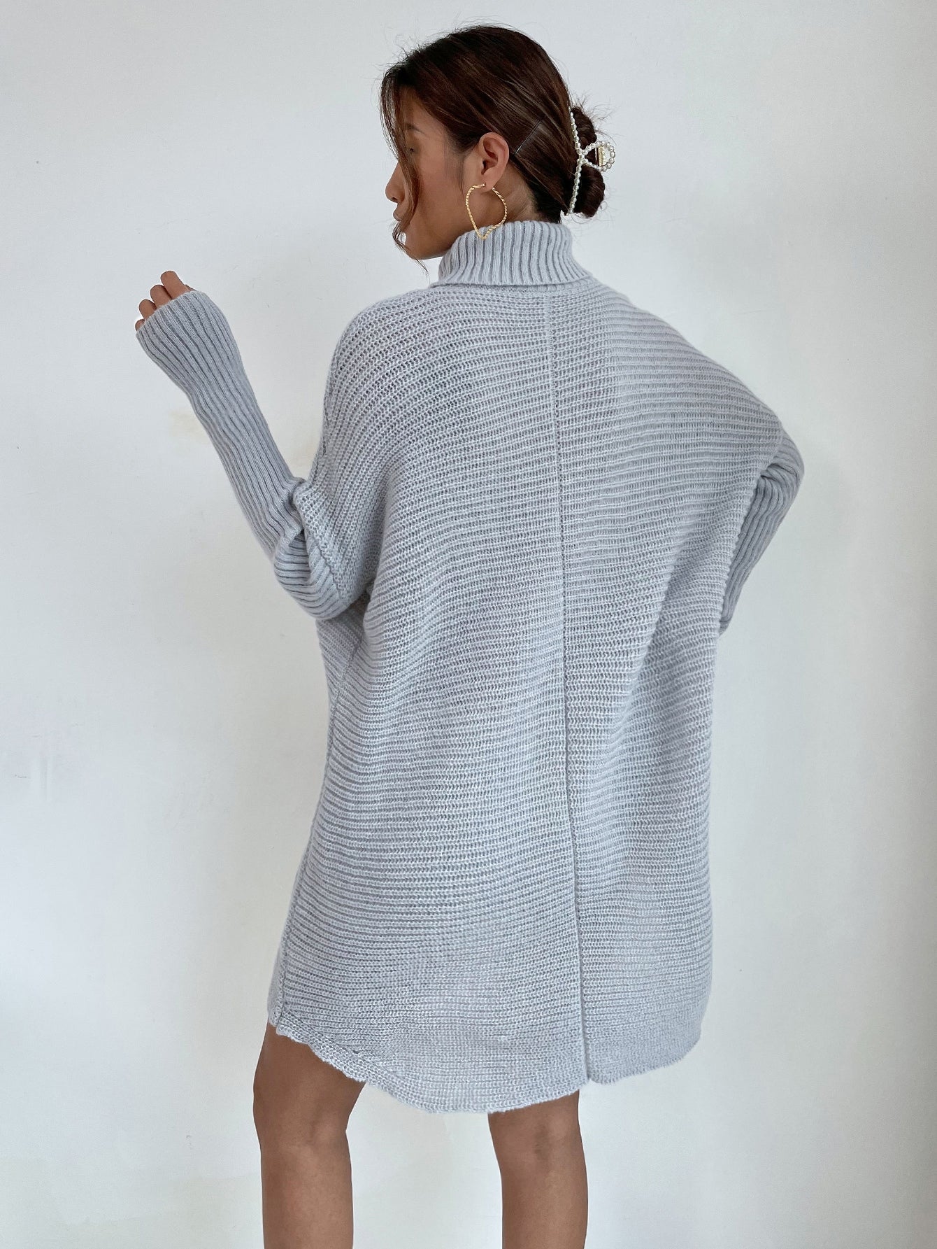 Turtleneck Drop Shoulder Asymmetrical Hem Sweater Dress