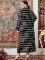 Plus Houndstooth And Argyle Print Bishop Sleeve Coat Without Belt