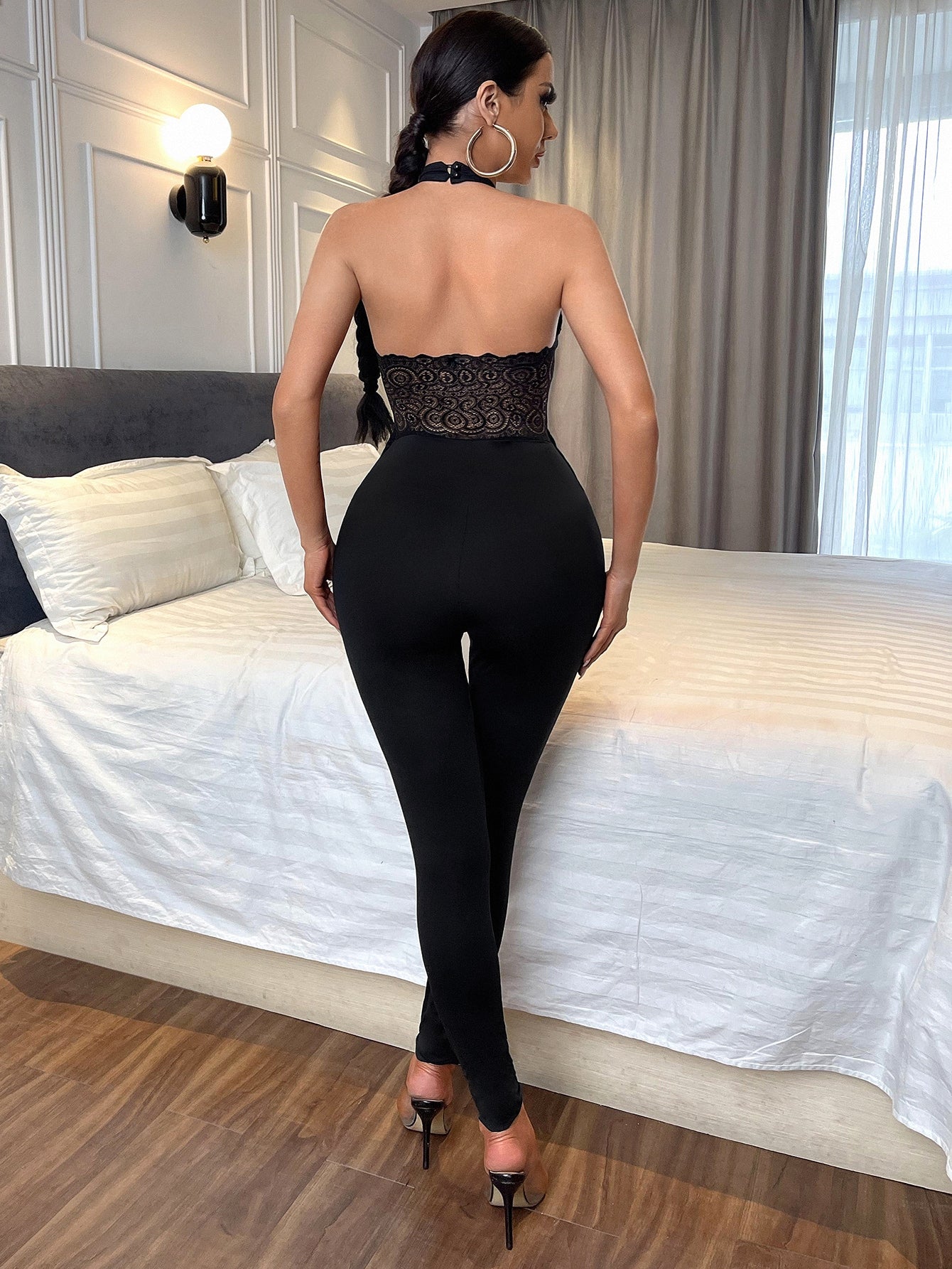 Lace Panel Cut Out Backless Halter Jumpsuit