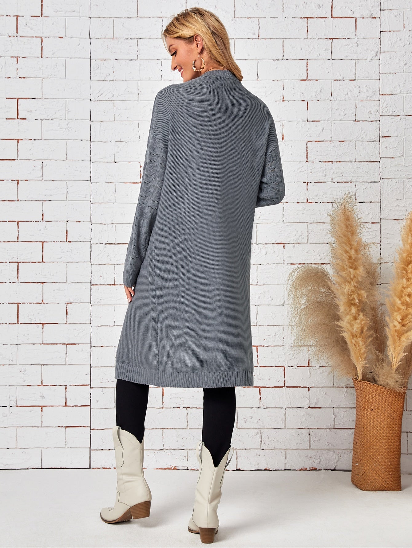 Pointelle Knit Drop Shoulder Open Front Cardigan