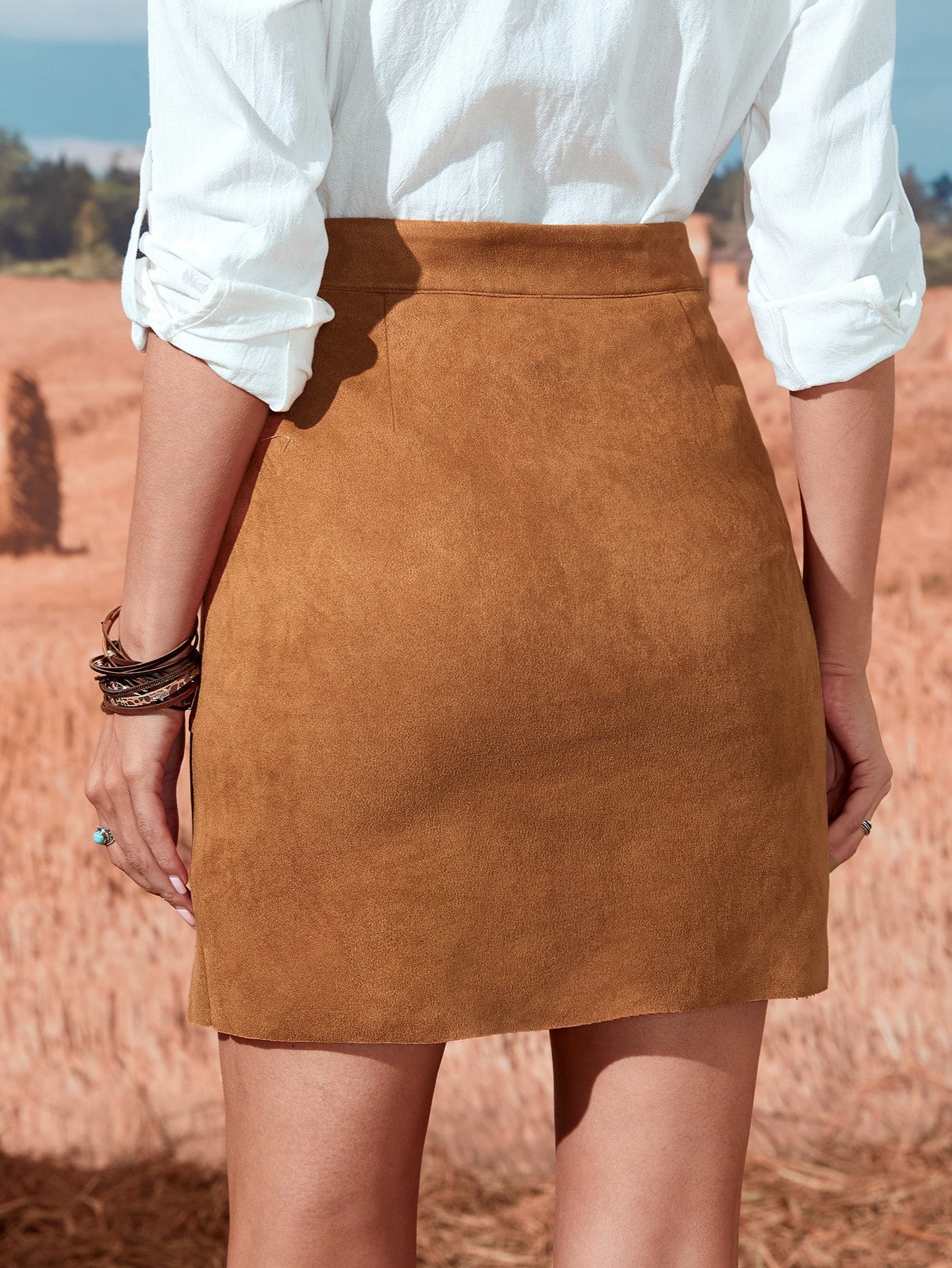 High Waist Slant Pockets Suede Skirt