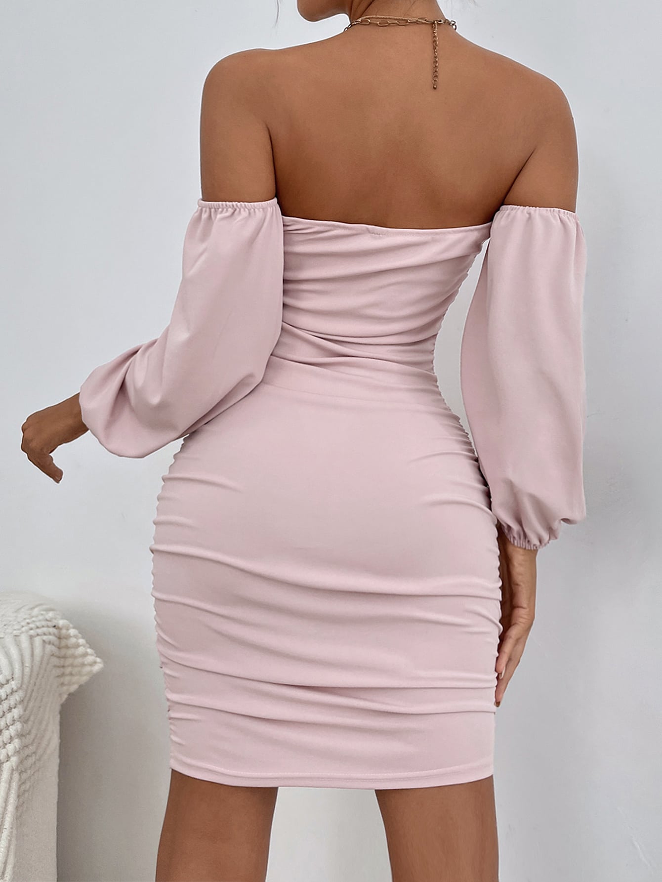 Ruched Off Shoulder Lantern Sleeve Bodycon Dress