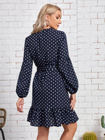 Polka Dot Print Lantern Sleeve Ruffle Hem Belted Dress