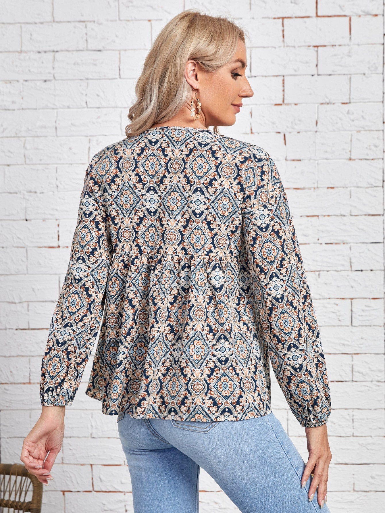 Allover Floral Print Lantern Sleeve Blouse