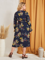 Plus Floral Print Flounce Sleeve Belted Dress