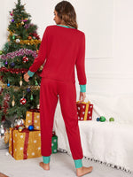 Christmas Print Striped Trim Top & Pants PJ Set