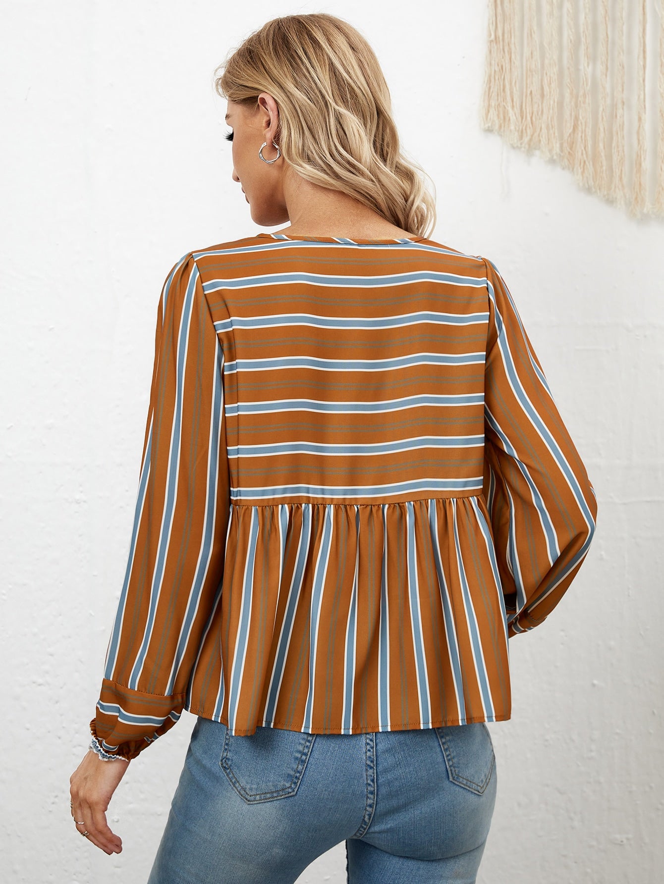 Striped Lantern Sleeve Peplum Blouse
