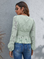 Jacquard Flower Applique Peplum Bishop Sleeve Blouse