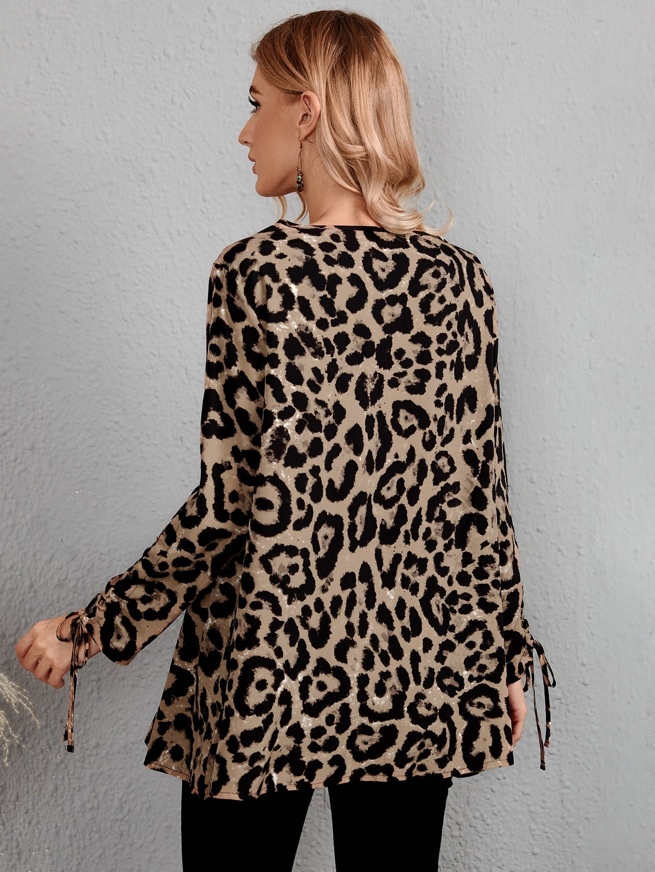 Leopard Print Drawstring Sleeve Blouse