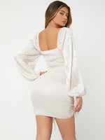 Leopard Jacquard Lantern Sleeve Drawstring Ruched Front Bodycon Dress