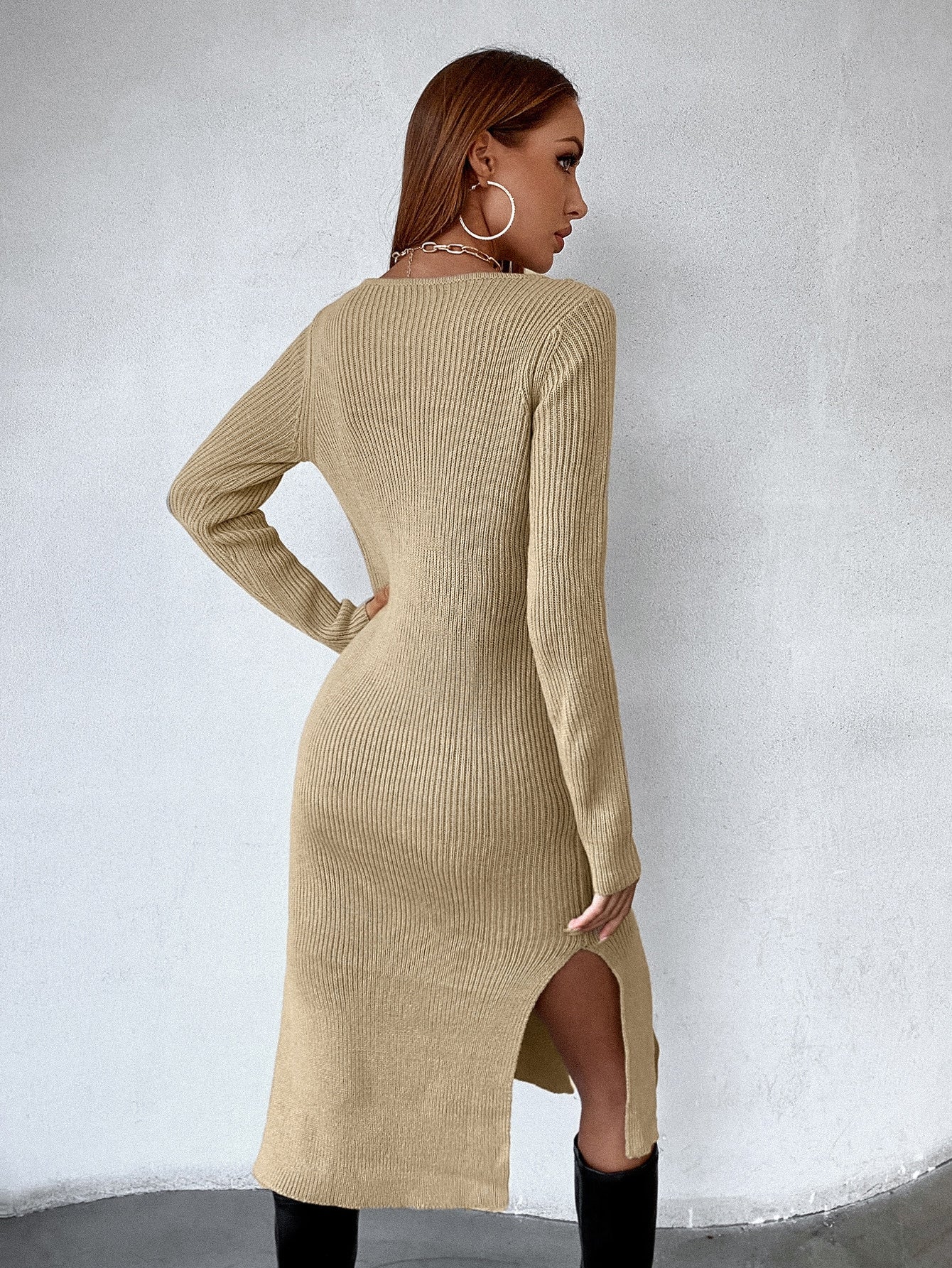 Ribbed Knit Split Thigh Sweater Dress