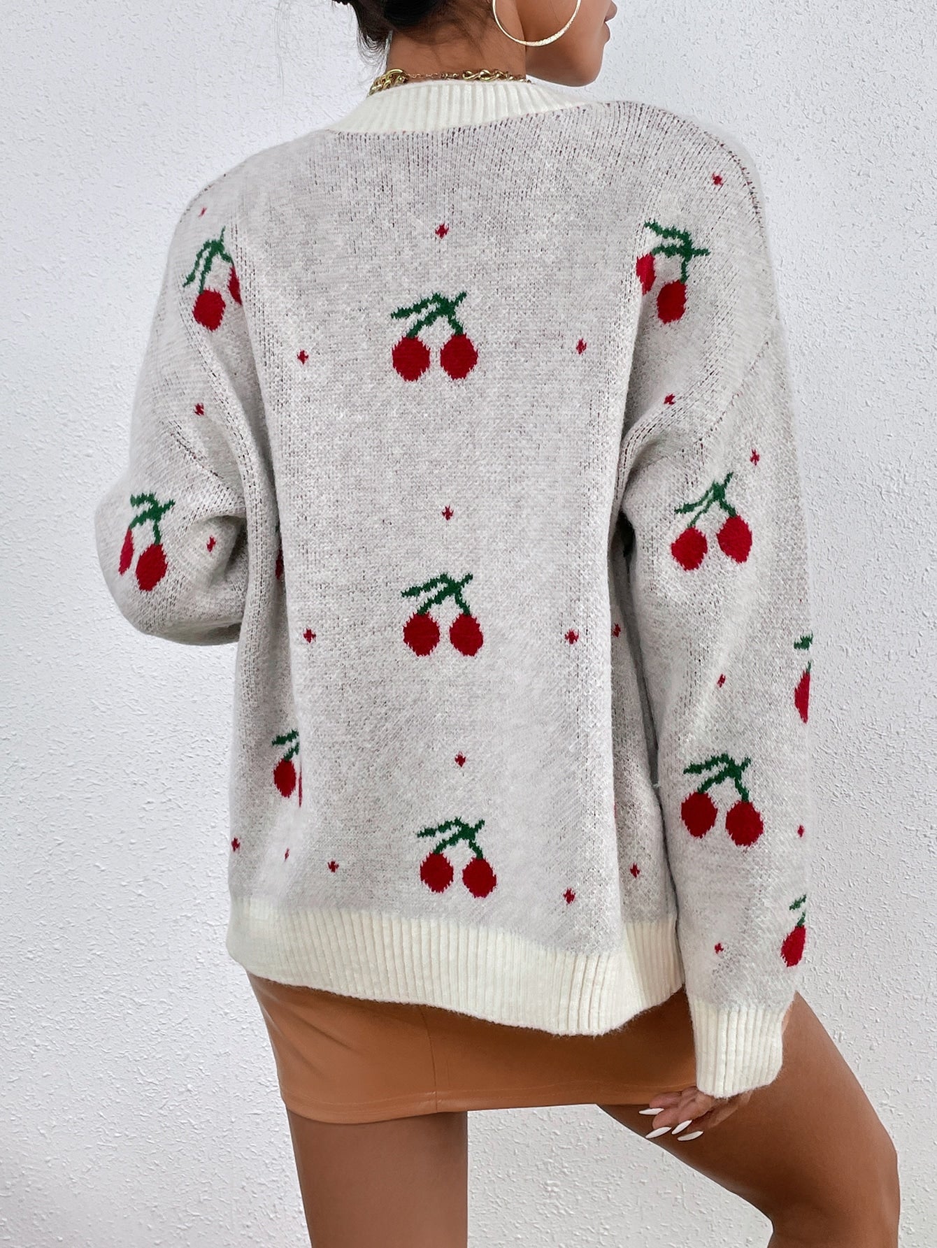 Drop Shoulder Cherry Pattern Colorblock Cardigan