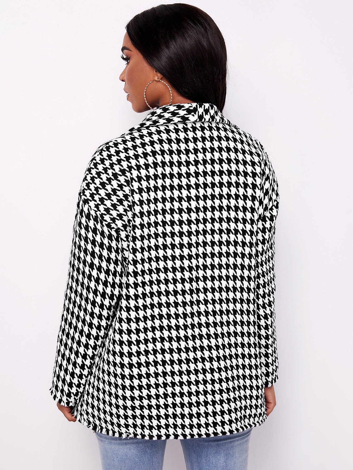 Houndstooth Print Double Breasted Tweed Overcoat