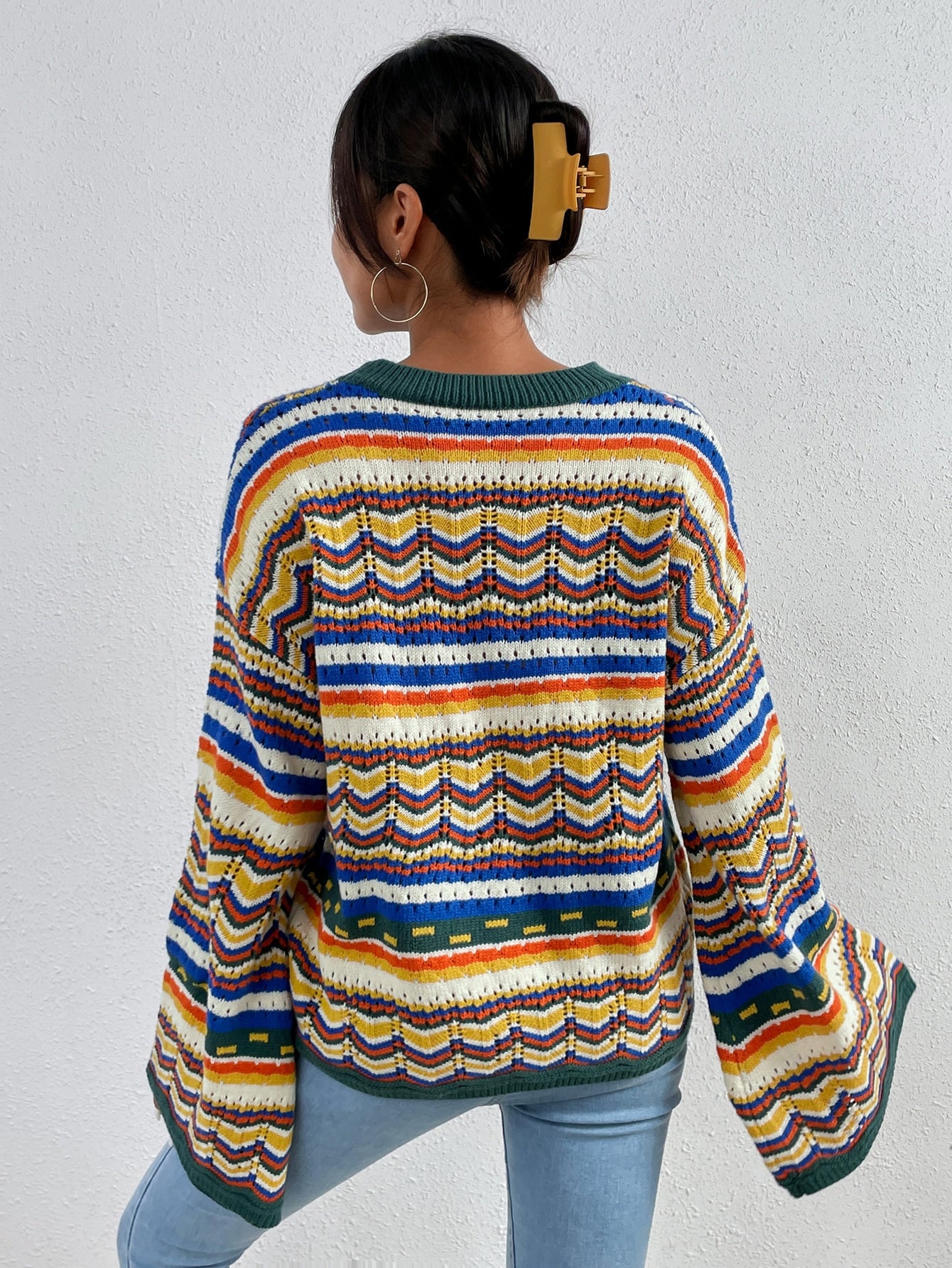 Block Striped & Chevron Pattern Drop Shoulder Sweater