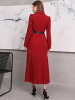 Lapel Collar Pleated Hem Belted Dress