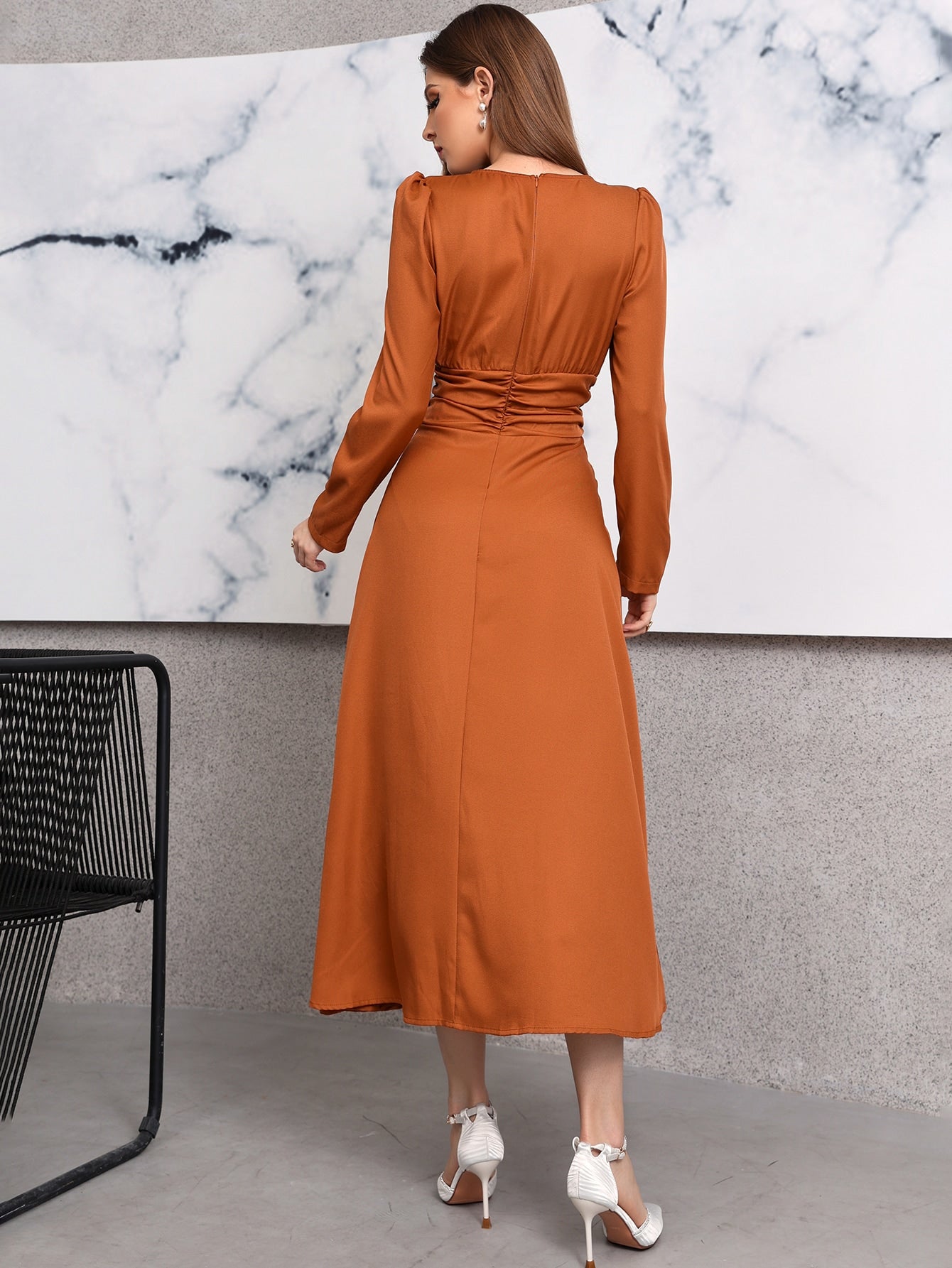Puff Sleeve Ruched Split Thigh Dress