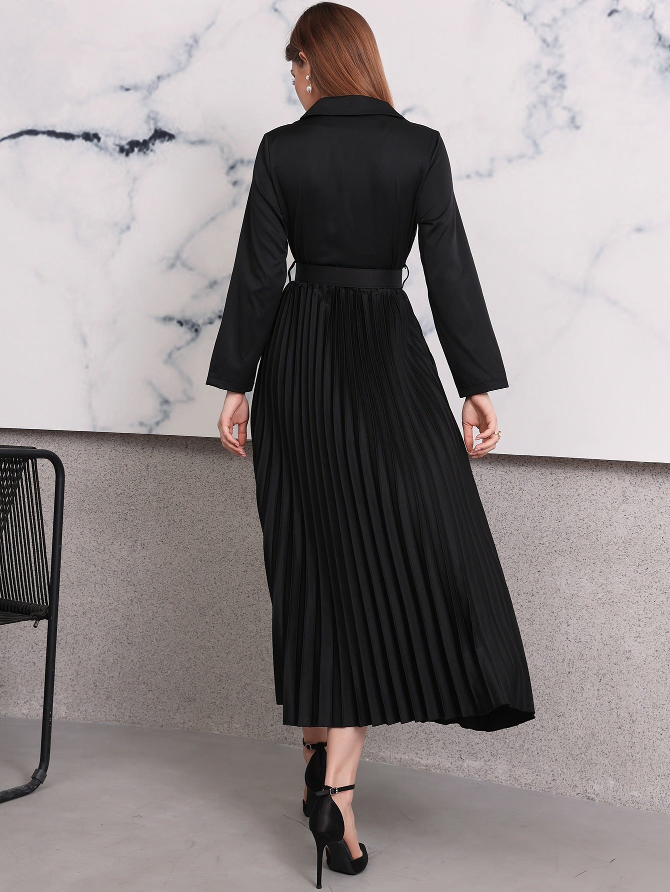 Lapel Collar Pleated Hem Buckled Belted Dress