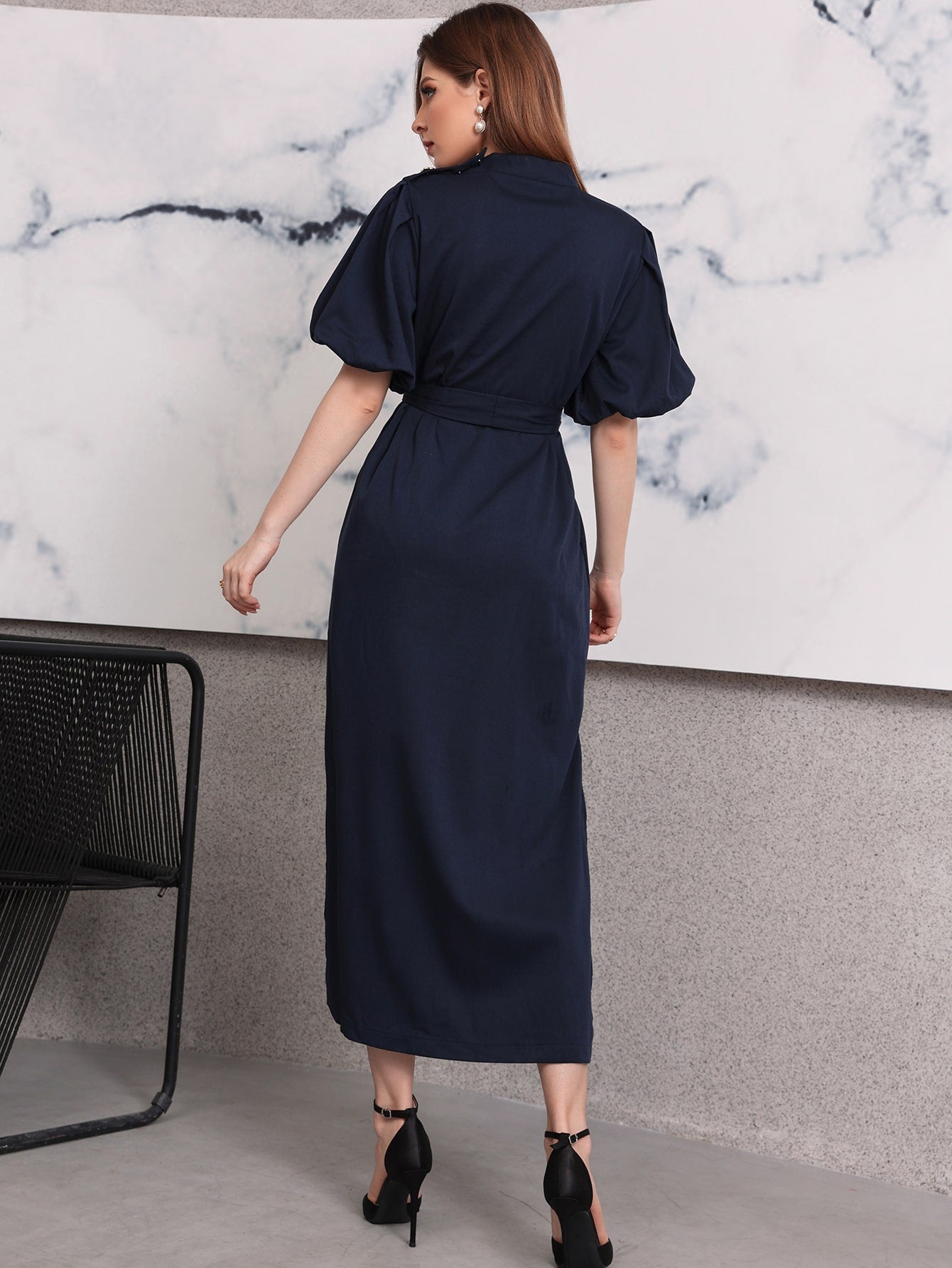 Lantern Sleeve Split Hem Belted Dress