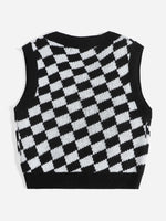 Checker Pattern Cherry Embroidery Sweater Vest