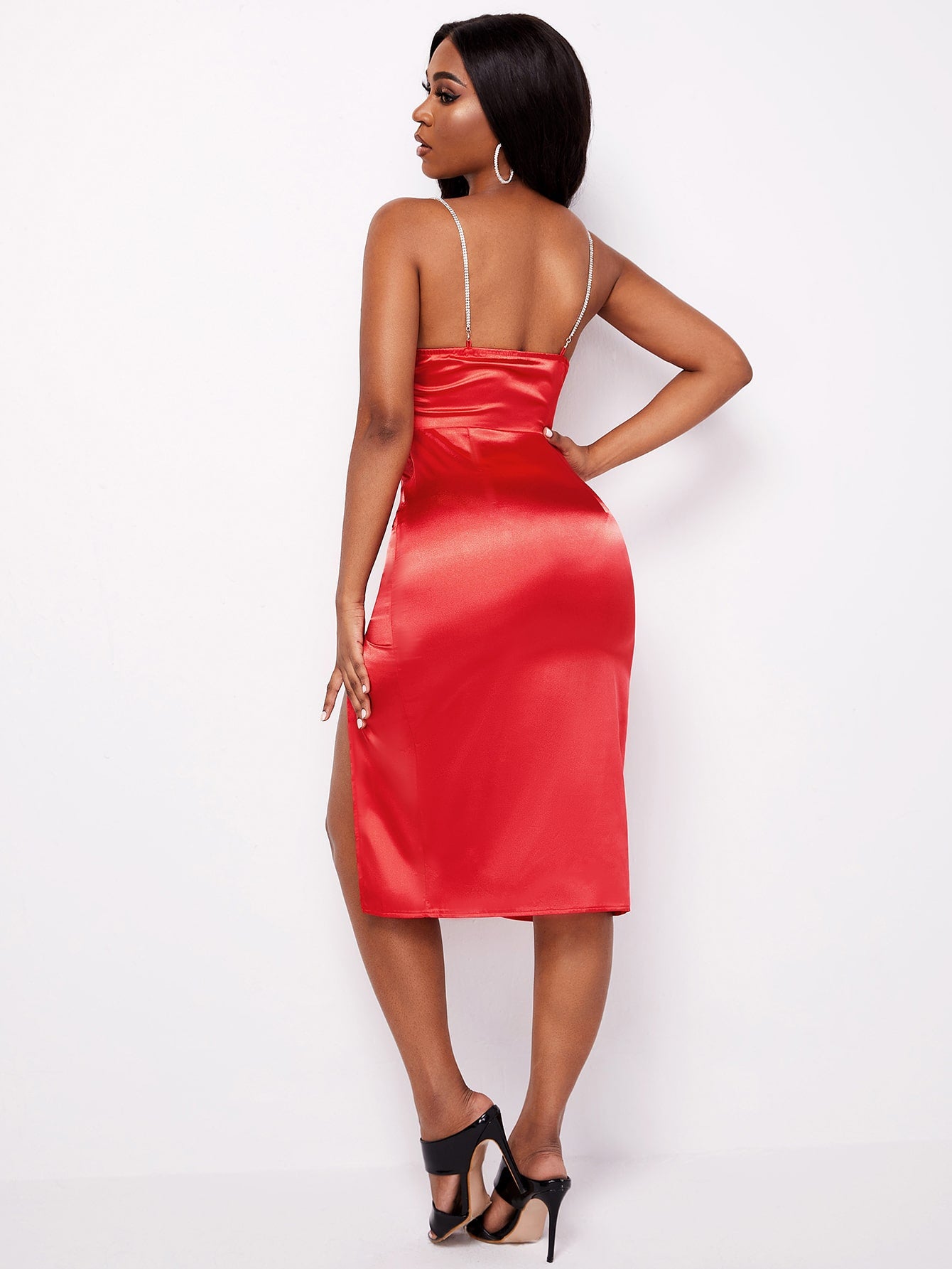 Split Thigh Rhinestone Detail Satin Cami Dress