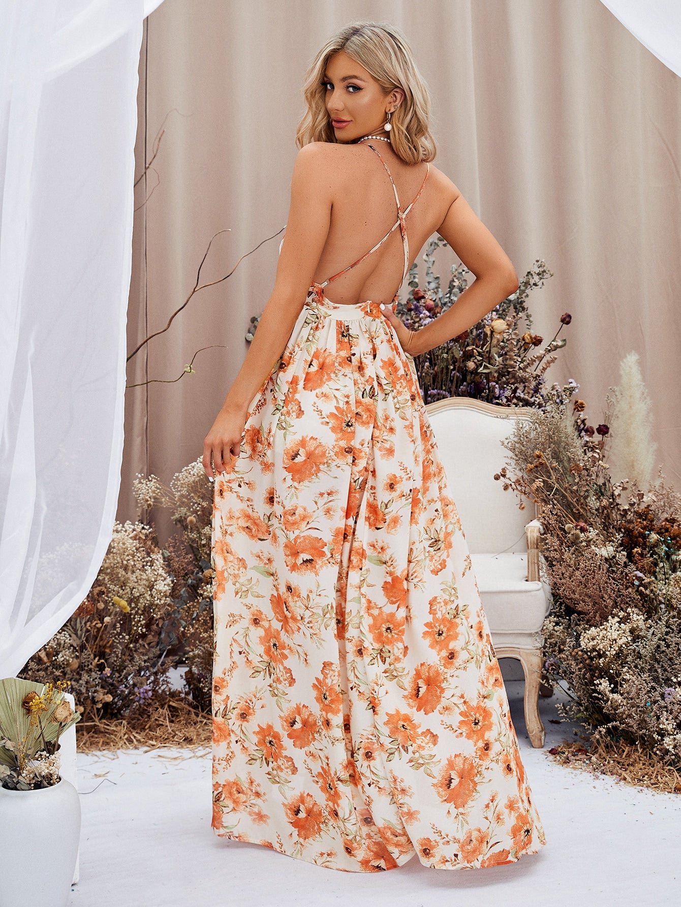 Floral Print Plunging Neck Slit Thigh Crisscross Backless Cami Dress