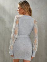 Surplice Neck Lace Panel Belted Dress